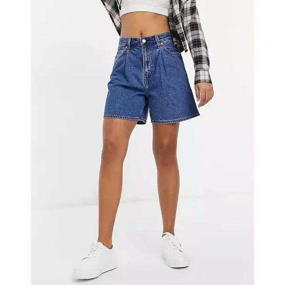 Levi's Pleated Ribcage Denim Shorts Ultra High Rise Waisted Preppy Now And Then - Picture 5 of 15